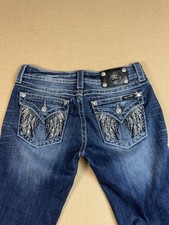 Miss Me Jeans Sz 28 Blue Boot Cut Stretch Rhinestone Feather Wing Pocket JP5616B
