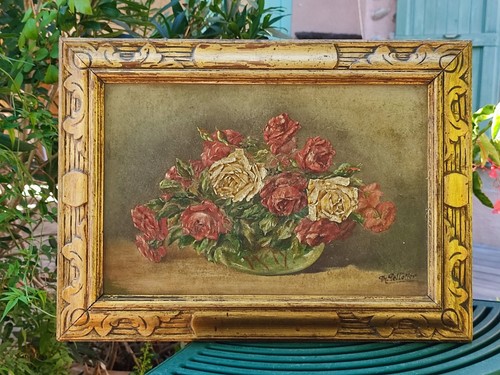 Ancien tableau bois bouquet - ancien,