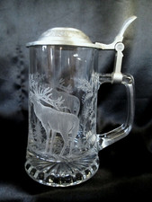 BEER MUG Tin Glass Engraved Deer Drill Hunting DOMEX Grab Beer Jug