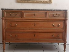 Commode ancienne style Louis XVI en bois massif + plateau marbre gris, 5 tiroirs