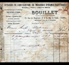 PARIS (XI°) ELECTRIC DYNAMOS MOTORS & MACHINES "BOILLET" Invoice in 1908