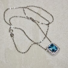 NEW 14K WHITE GOLD 8x6mm NATURAL TOPAZ & DIAMOND HALO PENDANT NECKLACE (16 inch)
