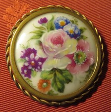 ROMANTIC BROOCH enamel on PORCELAIN BOUQUET FLOWERS signed CHABROL Limoges