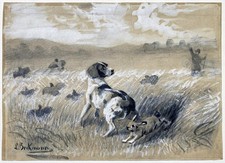 Ludwig Beckmann - Aquarelle Dessin Chasse Au Lièvre Chien Chasse 19E Siècle