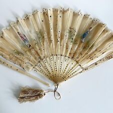 Eventail Ancien Feuille Tulle peinte Broderie Scène Pastorale à restaurer XIXe