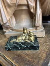 old small figurine cat and her kitten metal marble base epok 1930