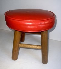 Vtg Red Vinyl Foot Stool Continental Seat Inc 10x10” Ottoman Cushioned Top MCM