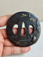 Japan - Iron Tsuba, Edo (1603-1868), Maru Gata Iron Bori Tira Decor