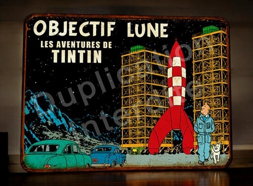 Plaque métal tintin fusée - métal,