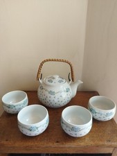 Antique tea set stoneware teapot + 4 cups handle rattan decoration retro table