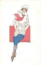 Old postcard illustrator sign guillermaz G.femme au patin a ice