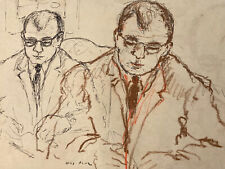 Very beautiful drawing 1970 pencil color portrait man writing David Azuz ink