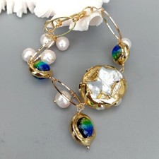White Keshi Pearl Potato Pearl Blue Murano Glass with gold plated edge Bracelet