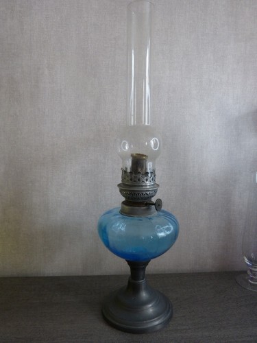 Lampe petrole verre bleu - lampe, en