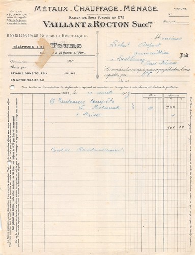 Facture 1915 metaux chauffage - ,