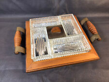 Ancien plat apéritif de table Art Déco en bois et verre vintage années 1950