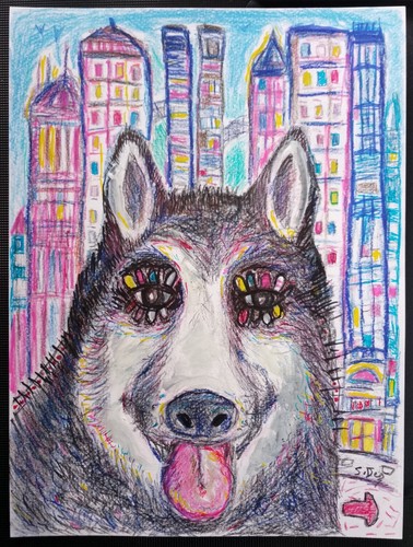 Tableau peinture chien husky - peinture,
