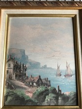 Gouache ancienne. Paysage, bord de mer, falaises, bateaux. Encadrée