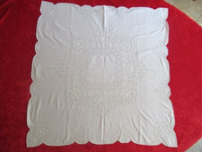 GORGEOUS ANTIQUE WHITE COTTON EMBROIDERED AND AOUREE TABLECLOTH - 80 x 80 cm