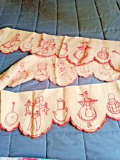 old embroidered fabric strip, cabinet interior, or fireplace top