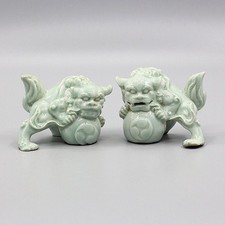 Just $70！！！Pair Chinese Green Porcelain Foo Fu Dog Guardion Lion Ceramics Statue