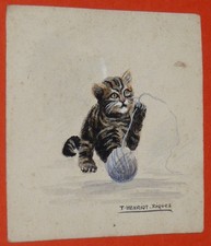 CHROME 1890-1910 ILLUSTRATOR T. HENRIOT-RIQUEZ CAT AND WOOL BALL