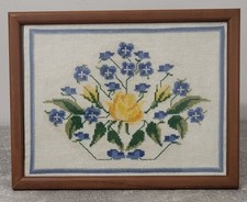 Flower Cross Stitch Frame Canvas Tapestry Embroidery 1960 Yellow And Blue 
