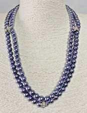 Grey Faux Pearl Necklace Double Strand  3 x Diamante Flower 53cm CLASSIC RETRO