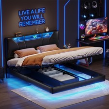 Lit Flottant 160x200 avec Rangement, Double avec LED et USB, Lit Coffre avec