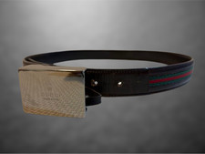 Gucci Sherry Line Belt Green Red Striped Silver Buckle Ceinture Leather Auth