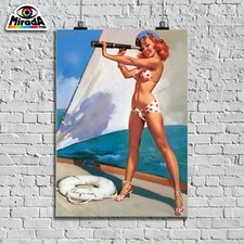 Affiches Pin Up Vintage Girl Mer Capitaine Rouge Bikini Jambes Soleil Bateau