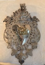 Antique 1920’s French Baroque Style Silver Flaming Heart Ex Voto Brocante Votive