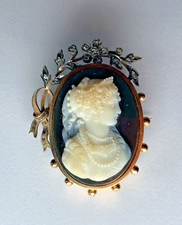 18k Gold Eagle Cameo Punch Brooch Signed Agate Woman Tiara 19th Century