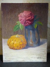Ancien tableau nature morte, peinture signée sur panneau bois.