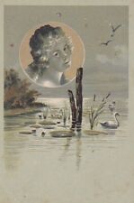 Old postcard PC WOMAN'S HEAD in MOONLIGHT gold starry sky Swans WOMAN IN MOONLIGHT