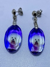 Bichon Frise Dog Crystal Earrings Sterling Silver Bale & Stud