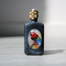 Empty Perfume Miniature, Marbled Grey Bottle Decorated with a Parrot