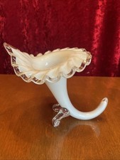Vintage Fenton Silver Crest White Encased Cornucopia Decor Art Glass Milk Glass