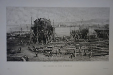 Lucien GAUTIER (1850-1925) GRAVURE XIX° MARSEILLE CHANTIER NAVAL MARINE PHARO