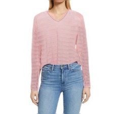 Caché Nude Pink Textured Womens Lateral Ribbed Long Sleeve Stretch Top Size Larg