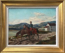 Tableau vers 1900 Cavalier armée française vers 1900 Militaire cheval + cadre