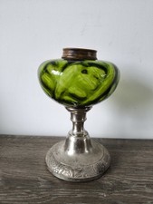 Pied de Lampe à pétrole, Toupie verte en verre bullé , pied métal