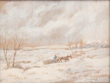 GREGOROVITCH SVERTSCHKOFF RUSSE GOUACHE cheval tirant un traîneau chargé de bois