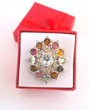 Bague aigue-marine tourmaline péridot argent 925 / or blanc T 56 +