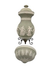 Antique Light Green Porcelain Neoclassical Bisque Relief Wall Lavabo Wash Basin