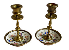 Pair of Small Antique Brass and Porcelain CANDLEHOLDERS