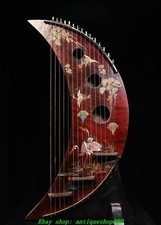 35''Old Wood lacquerware Gilt Pine Crane Moon Guzheng Qin Musical Instrument