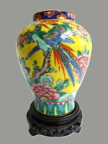 Vase famille jaune polychrome - vase, jaune,