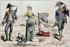 MERCHANT UMBRELLA, BELLOWS, FLOWERS and MATTRESS CARDEUSE in the 18th century - 19th century engraving