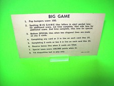 BIG GAME 1980 Original Flipper Pinball Machine Instruction Card 2-Sided